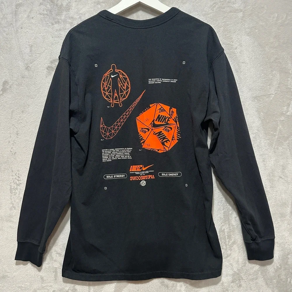 Nike Swooshtopia Graphic Long Sleeve T-Shirt Black Mens Small Loose Fit Cotton